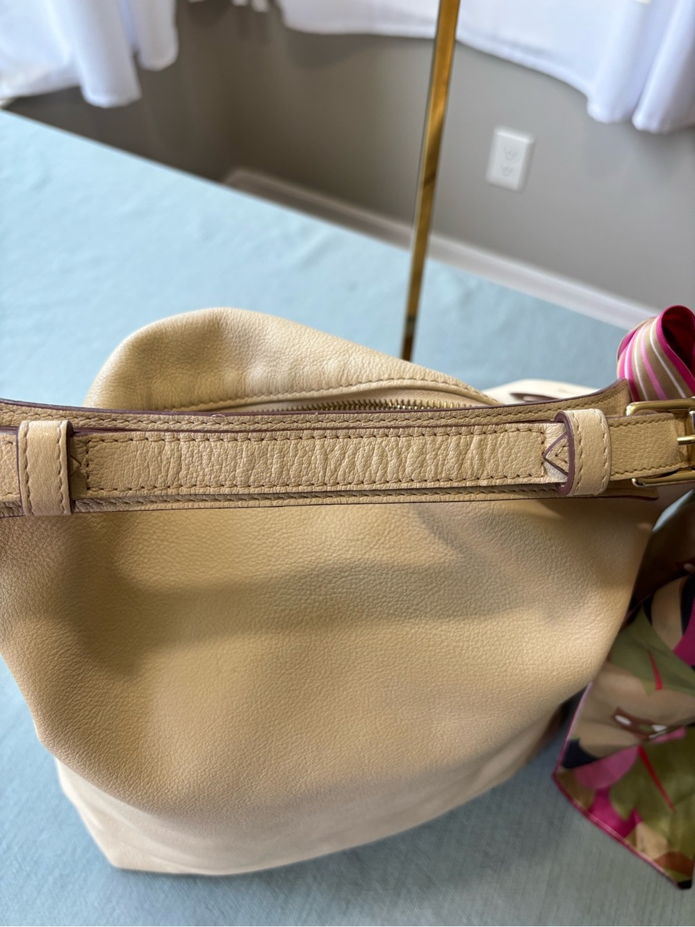 Dooney & Bourke Ecru Cream Pebbled Leather Shoulder Hobo with Colorful Scarf - Picture 5 of 16